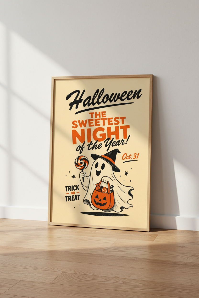 Vintage Ghost Halloween Wall Art Print | Retro Nursery Decor | Spooky Cute Poster