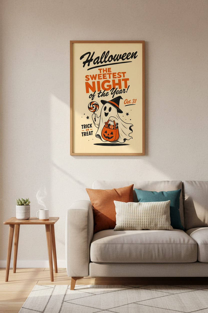 Vintage Ghost Halloween Wall Art Print | Retro Nursery Decor | Spooky Cute Poster