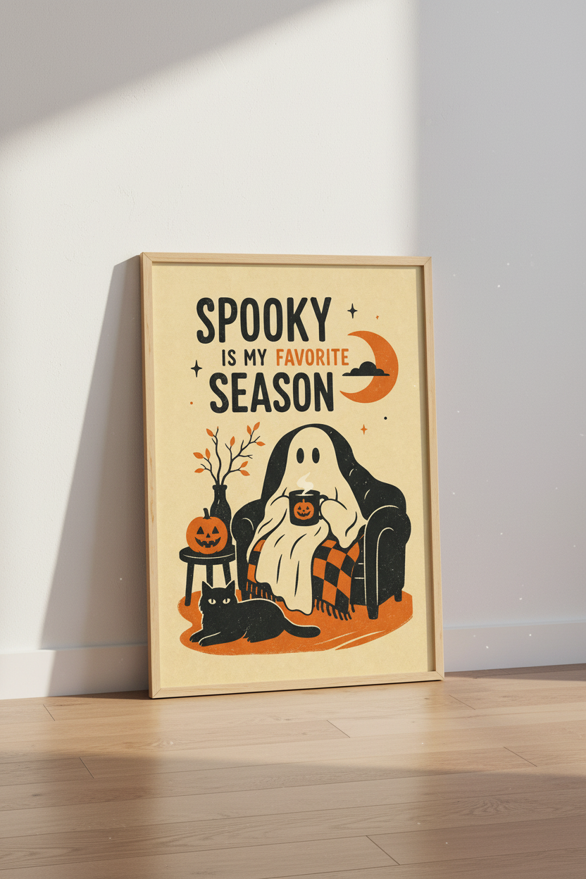 Spooky Season Ghost Wall Art | Retro Halloween Poster | Cozy Autumn Decor