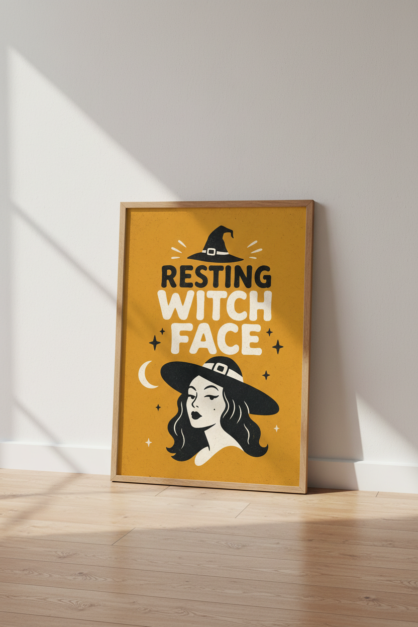 Resting Witch Face Wall Art | Retro Orange Halloween Poster | Witchy Home Decor