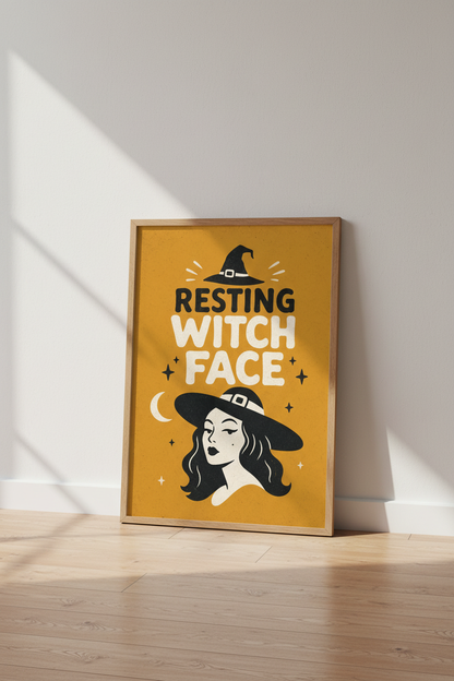 Resting Witch Face Wall Art | Retro Orange Halloween Poster | Witchy Home Decor