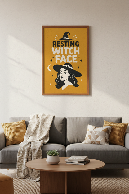 Resting Witch Face Wall Art | Retro Orange Halloween Poster | Witchy Home Decor