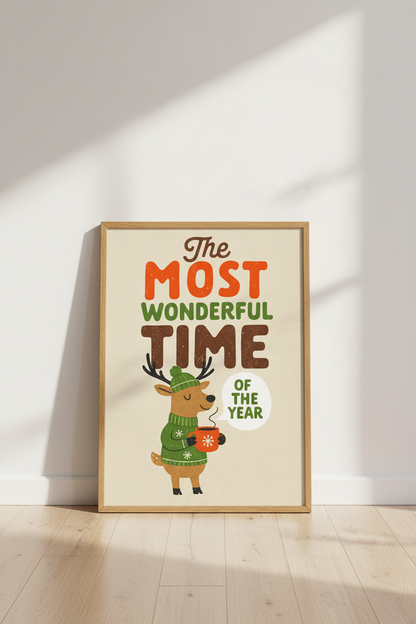 Most Wonderful Time Reindeer Wall Art | Retro Holiday Print | Cozy Christmas Decor