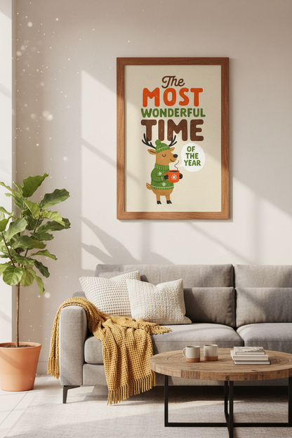Most Wonderful Time Reindeer Wall Art | Retro Holiday Print | Cozy Christmas Decor