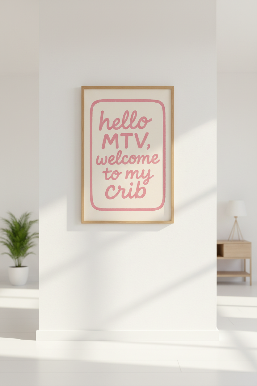 Retro MTV Cribs Quote Framed Wall Art Print | Fun Living Room Decor | Pink Aesthetic Poster | Ready to Hang Framed Art