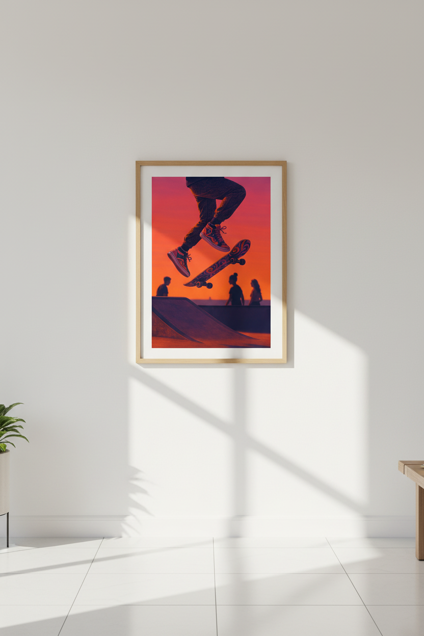 Retro Skater Wall Art Print | Teen Room Decor | Aesthetic Framed Poster | Sunset Skateboard Art | Ready to Hang Wall Art
