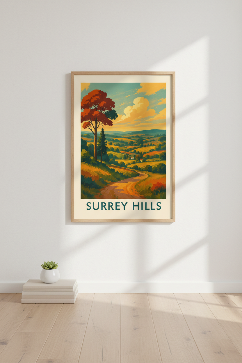 Vintage Travel Poster Surrey Hills Wall Art Print | Boho Living Room Decor | Autumn Landscape Framed Poster