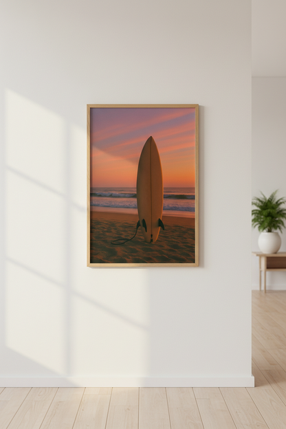 Coastal Surfboard Sunset Framed Art Print | Beach House Aesthetic Wall Decor | Ocean Wave Coastal Poster