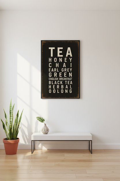 Minimalist Tea Varieties Wall Art Print | Kitchen Decor | Rustic Coffee Bar Poster | Unframed, Framed &amp; Digital Download