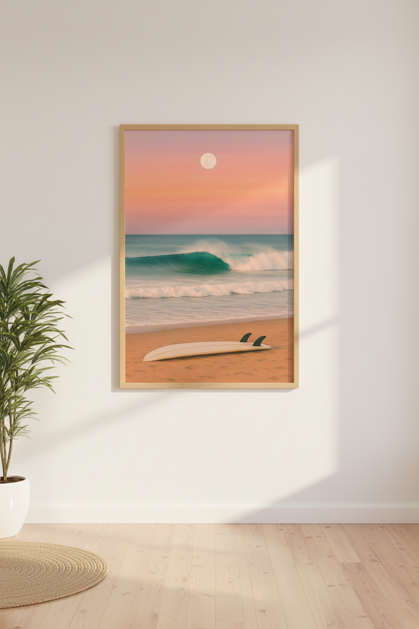 Minimalist Beach Sunset Wall Art Print | Coastal Living Room Decor | Retro Surfboard Framed Poster