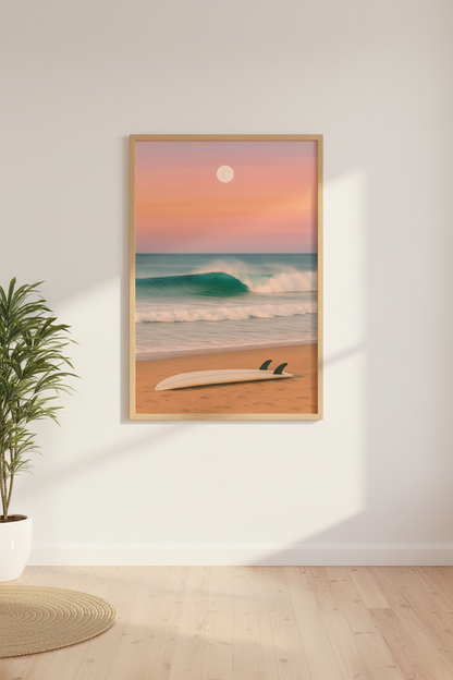 Minimalist Beach Sunset Wall Art Print | Coastal Living Room Decor | Retro Surfboard Framed Poster