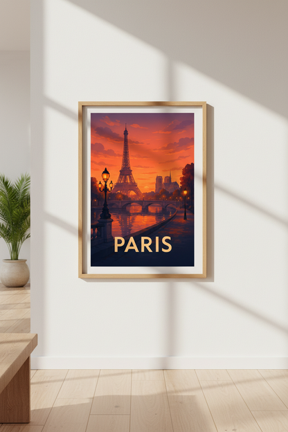 Vibrant Paris Cityscape Framed Wall Art | Eiffel Tower Sunset Decor | Travel Aesthetic Poster | Ready to Hang cityscape