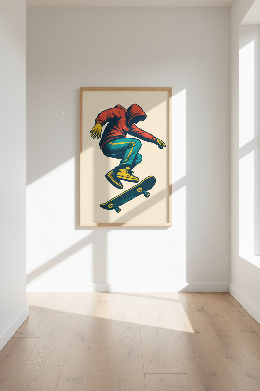 Retro Skateboarder Wall Art Print | Teen Room Decor | Urban Skater Kid Framed Poster | Ready to Hang Art Gift