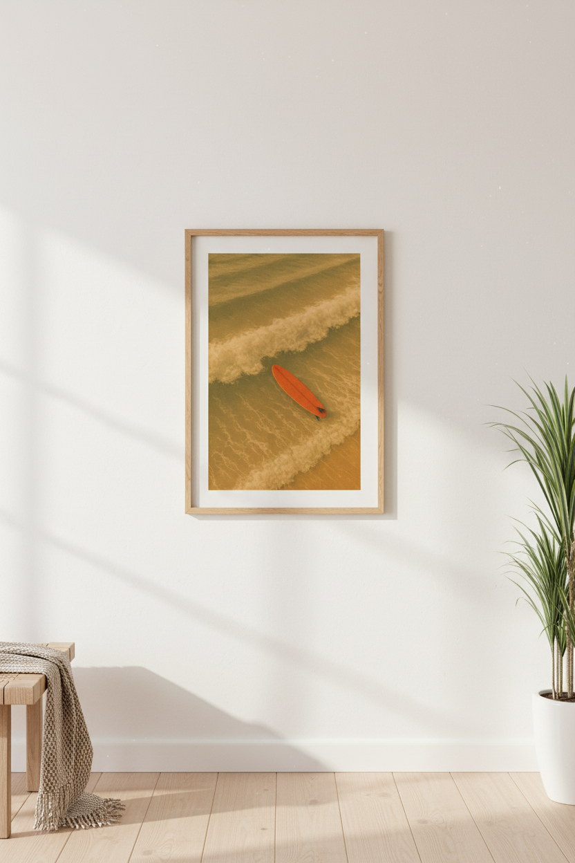 Minimalist Beach Surfboard Framed Wall Art Print | Coastal Living Room Decor | Retro Aesthetic Poster
