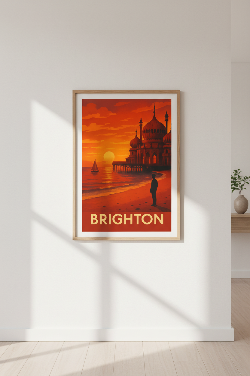 Retro Brighton Sunset Wall Art Print | Mid Century Modern Decor | Vintage Travel Poster Framed Art | Ready to Hang