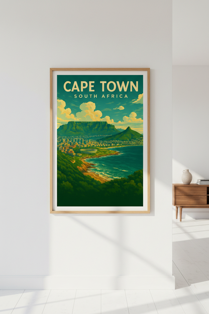 Retro Travel Poster Wall Art | Cape Town South Africa Framed Print | Mid-Century Modern Home Decor | Vibrant Coastal Art
