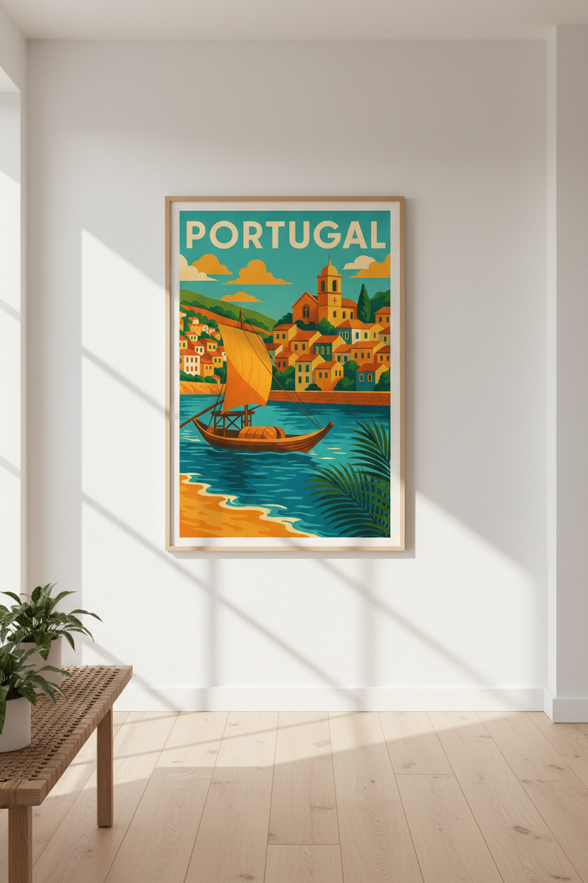 Retro Portugal Travel Art Print | Coastal Fishing Village Decor | Vintage Mediterranean Framed Wall Art