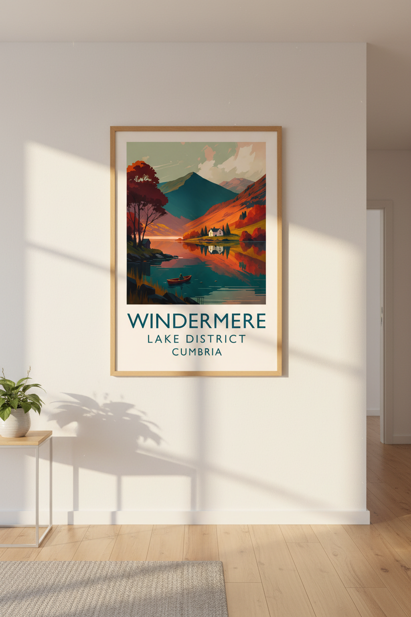 Windermere Lake District Travel Poster | Framed Wall Art | Autumn Landscape Home Decor | Ready to Hang Lake House Print