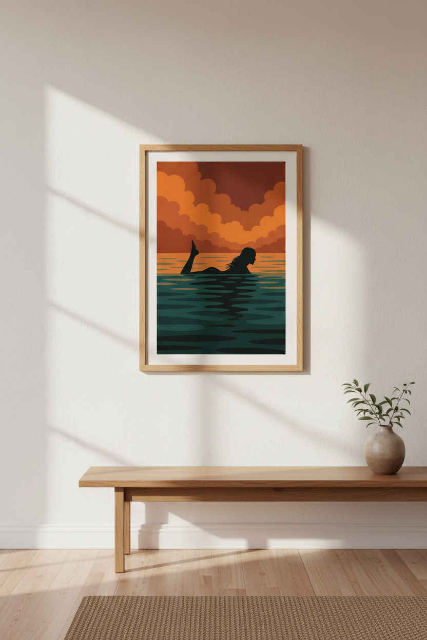 Minimalist Silhouette Framed Art Print | Ocean Sunset Wall Decor | Boho Living Room Poster | Ready to Hang Art