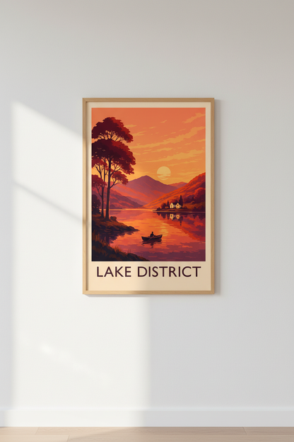 Retro Travel Lake District Wall Art Print | Sunset Lake Decor | Framed Landscape Poster | Ready to Hang UK Art