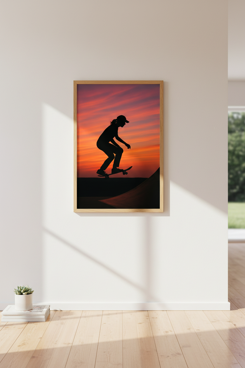 Minimalist Skater Wall Art Print | Teen Room Decor | Aesthetic Sunset Framed Poster | Ready to Hang Action Art