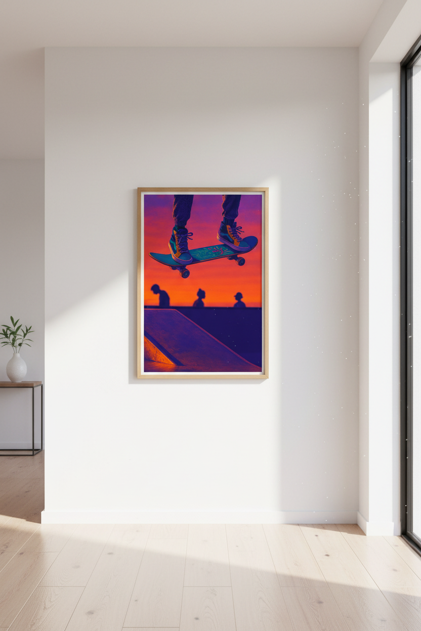 Neon Skater Wall Art Print | Skateboard Room Decor | Aesthetic Framed Poster | Vibe Sunset Art Print | Youth Bedroom Decor