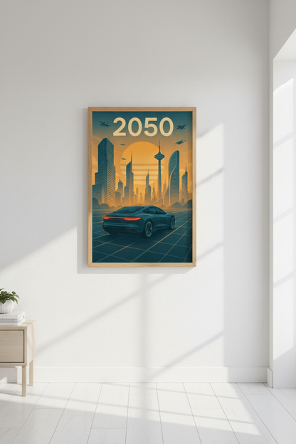 Futuristic Cityscape Wall Art | Sci-Fi Car 2050 Framed Art Print | Retro-Futurism Room Decor | Ready to Hang Poster