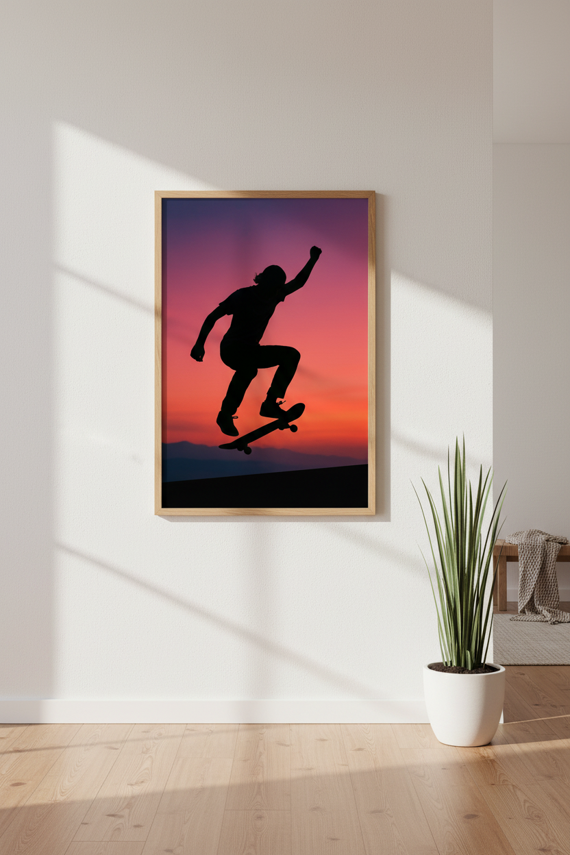 Aesthetic Skater Silhouette Wall Art Print | Teen Room Decor | Vibrant Sunset Framed Poster | Skateboarder Decor
