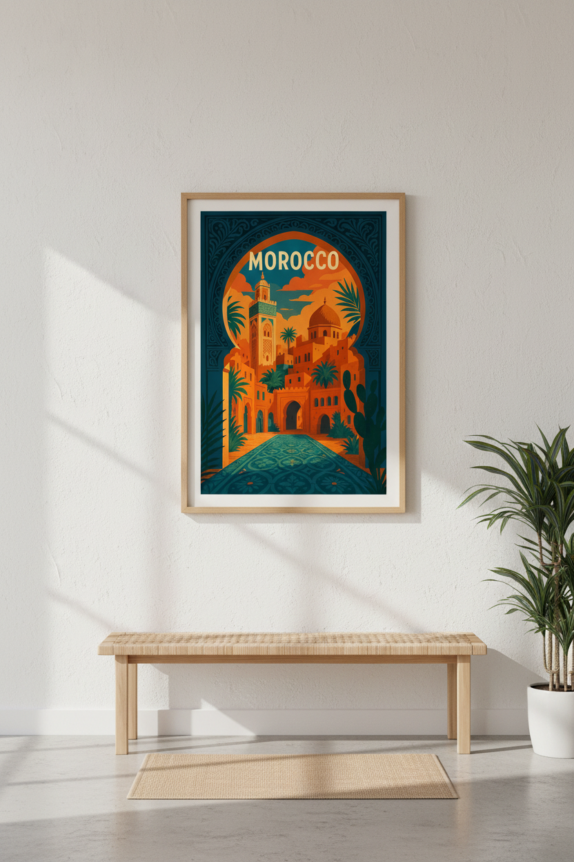 Moroccan Cityscape Framed Wall Art | Morocco Travel Poster | Boho Living Room Decor | Vivid Desert Aesthetic Framed Print