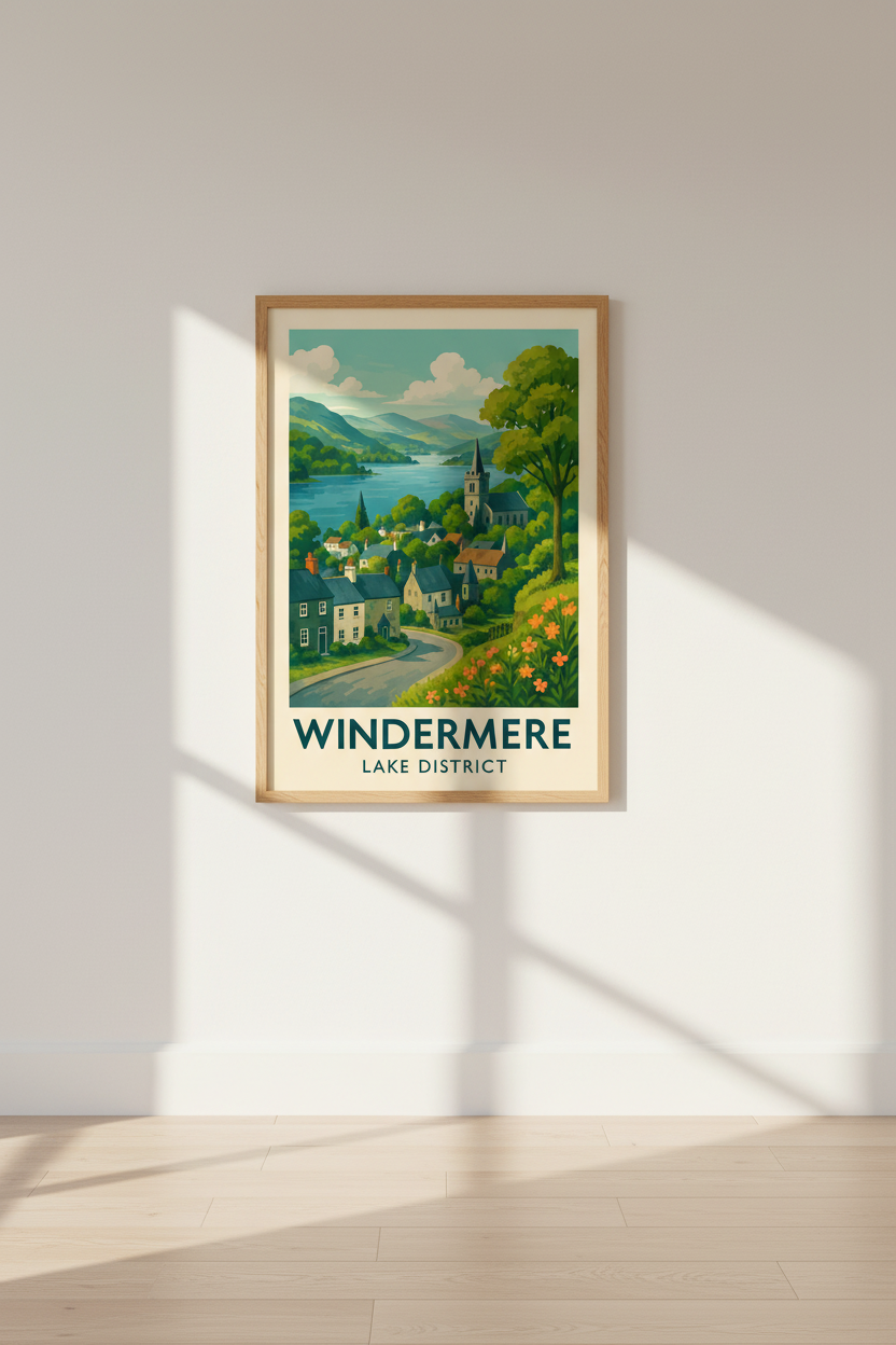 Retro Travel Poster Windermere Lake District Framed Art Print | UK Landscape Wall Decor | Vintage Aesthetic Poster