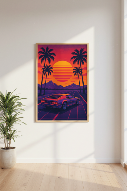 Aesthetic Synthwave Car Sunset Print | 80s Retro Futurism Wall Art | Neon Landscape Poster | Vaporwave Home Decor | Palm Tree Art Print