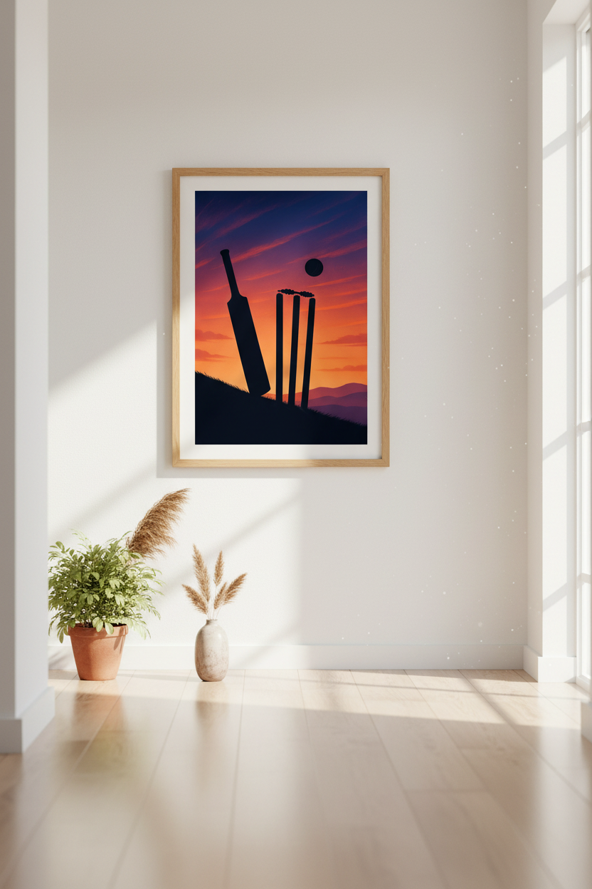 Cricket Sunset Framed Art Print | Sports Fan Home Decor | Minimalist Cricket Poster | Ready to Hang Wall Art Gift
