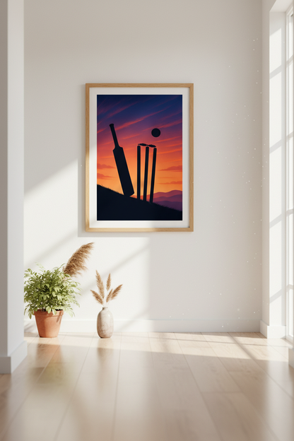 Cricket Sunset Framed Art Print | Sports Fan Home Decor | Minimalist Cricket Poster | Ready to Hang Wall Art Gift
