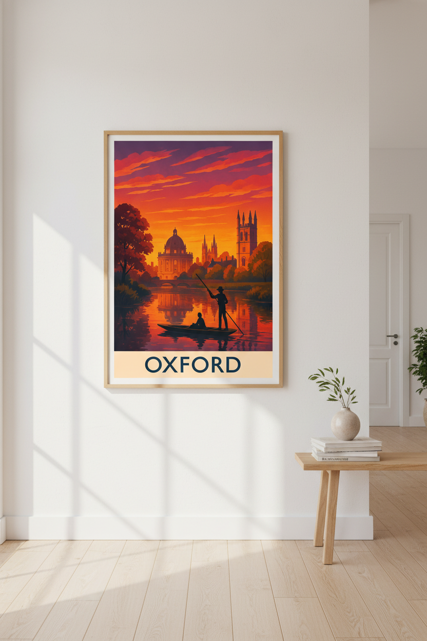 Oxford Punting Framed Art Print | UK Travel Poster | Moody Autumn Wall Art | Ready to Hang cityscape college decor