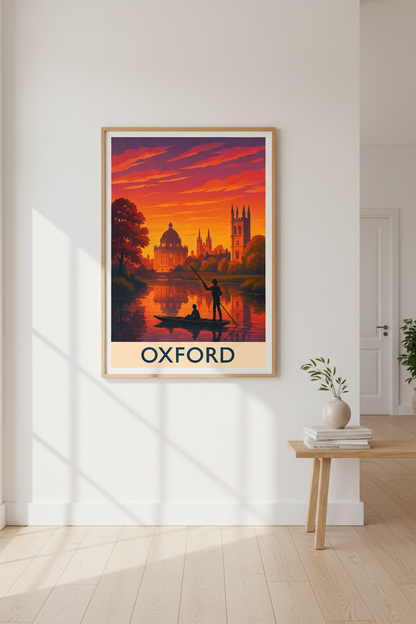 Oxford Punting Framed Art Print | UK Travel Poster | Moody Autumn Wall Art | Ready to Hang cityscape college decor