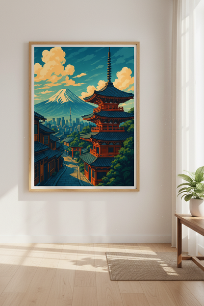 Anime Style Japan Mt Fuji &amp; Pagoda Framed Wall Art | Japanese Cityscape Decor | Vibrant Ukiyo-e Poster Print