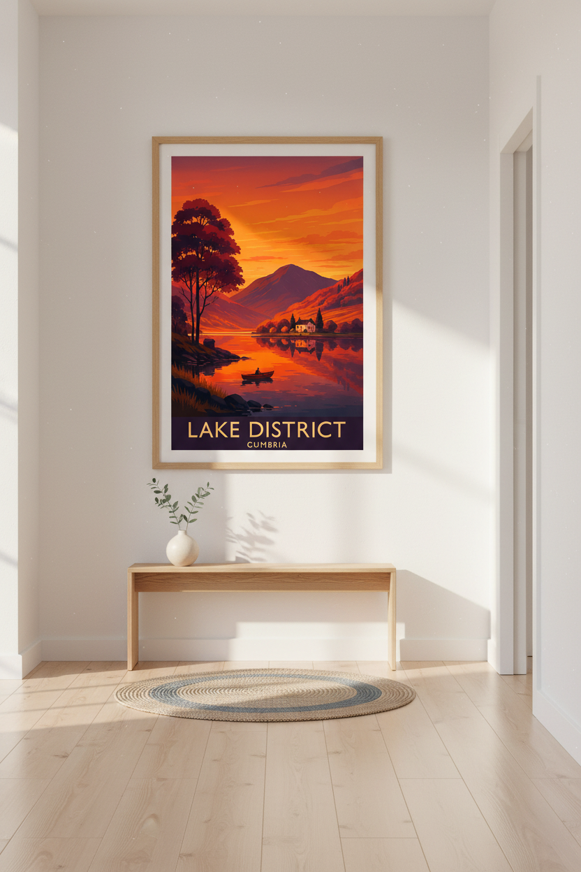 Retro Travel Poster Lake District Framed Wall Art | Sunset Landscape Decor | Orange Red Aesthetic Ready to Hang Print