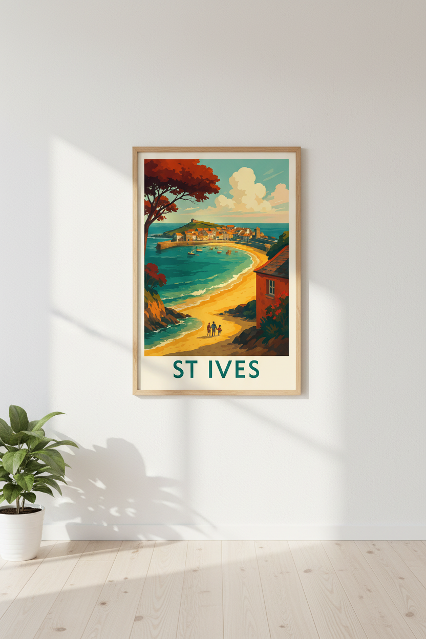 St Ives Cornwall Travel Poster Print | UK Beach Town Wall Art | Coastal Vacation Home Decor Seaside Print Gift