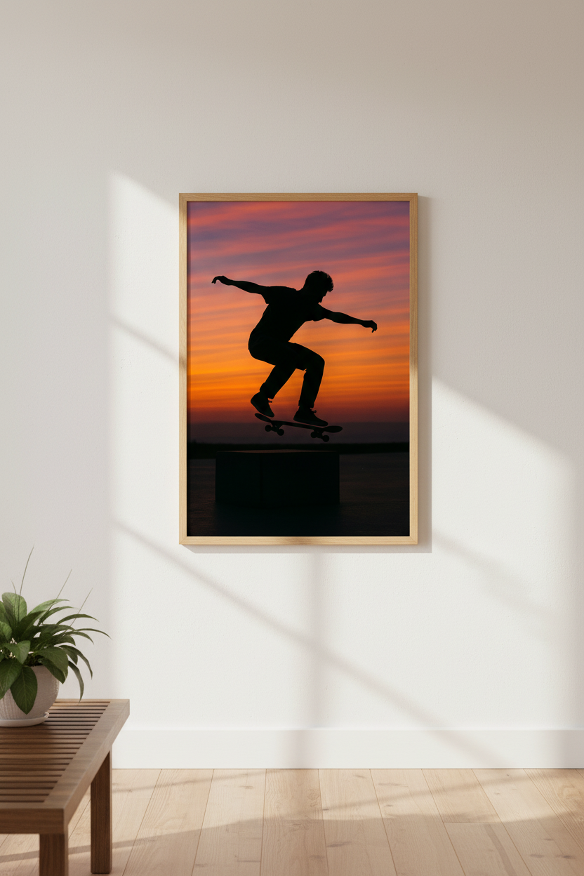 Skateboard Sunset Print | Vibrant Teen Room Decor | Aesthetic Framed Wall Art | Extreme Sports Poster Gift | Ready to Hang