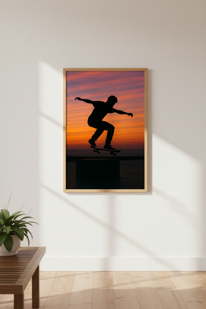 Skateboard Sunset Print | Vibrant Teen Room Decor | Aesthetic Framed Wall Art | Extreme Sports Poster Gift | Ready to Hang