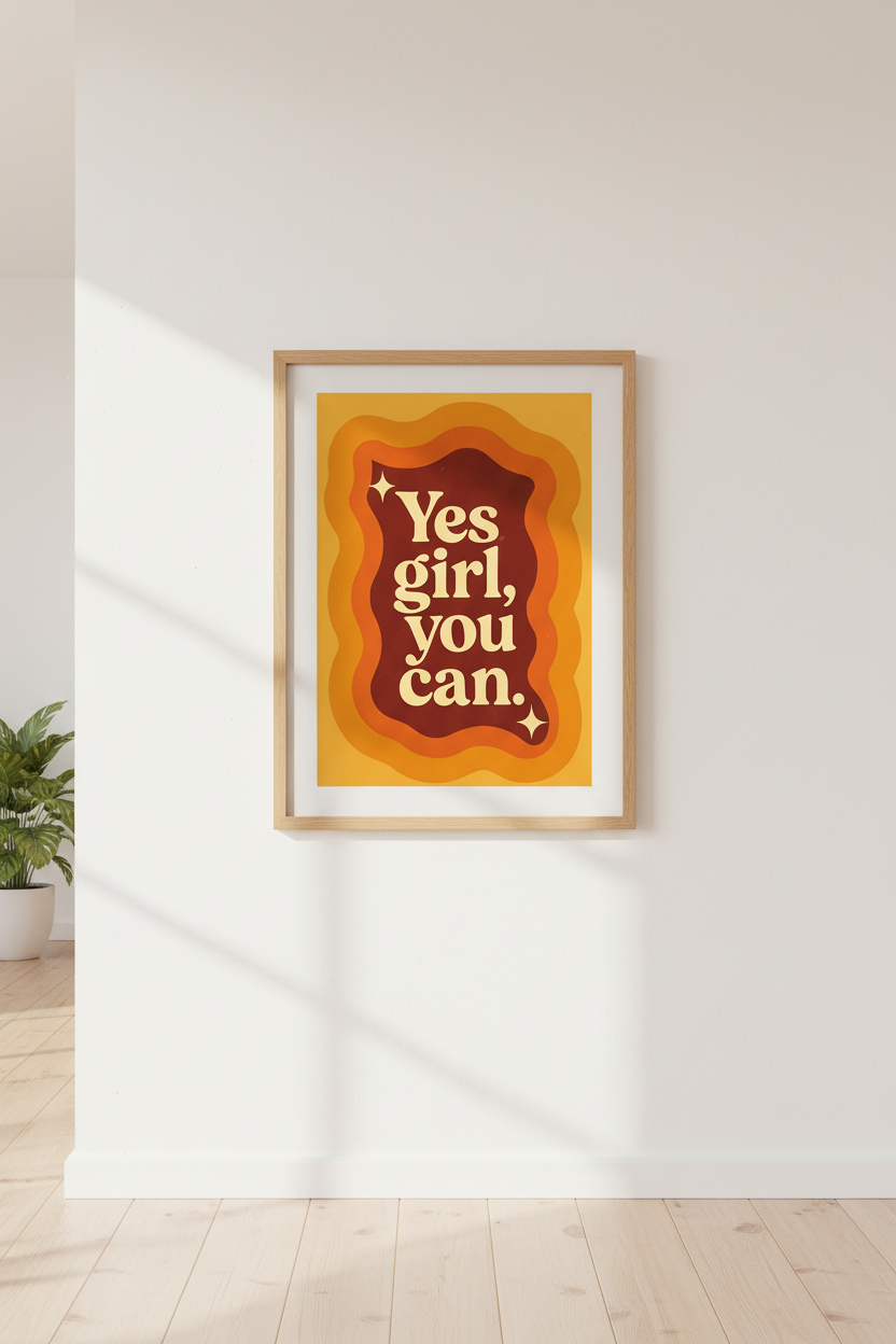 Retro Yes Girl You Can Wall Art Print | Empowering Office Decor | 70s Groovy Aesthetic Framed Poster | Motivational Art