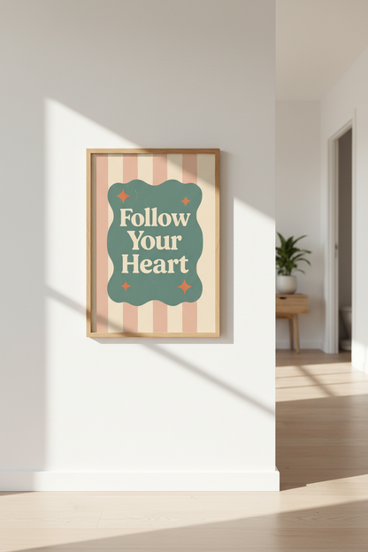 Retro Aesthetic Wall Art Print | Boho Bedroom Decor | Follow Your Heart Framed Poster | Mid Century Modern Quote Art