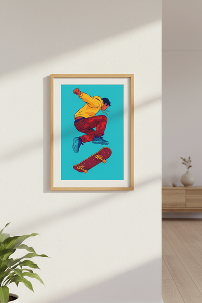 Vibrant Skater Wall Art Print | Teen Room Decor | Urban Aesthetic Framed Poster | Ready To Hang Skateboard Gift