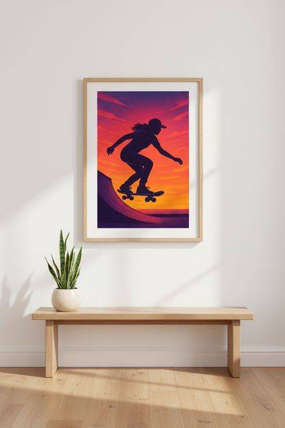 Retro Skater Wall Art Print | Vibrant Sunset Skateboard Decor | Framed Aesthetic Poster for Teen Room &amp; Game Room