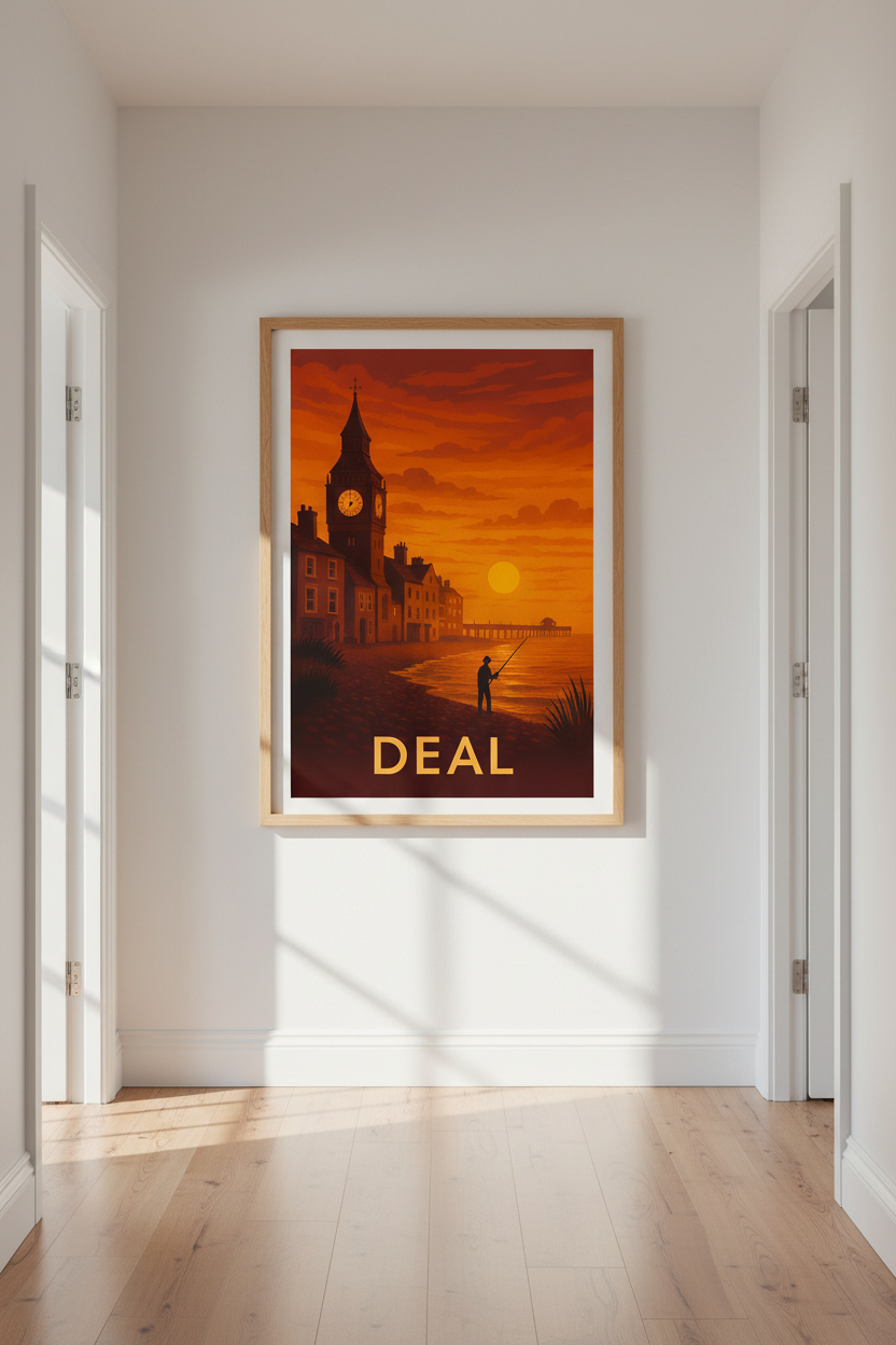 Retro Travel Poster | Deal Coastal Sunset Wall Art Print | Mid-Century Modern Room Decor | Framed Beach Scene Artwork