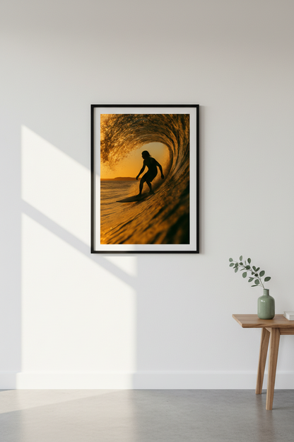 Golden Hour Surfer Wall Art Print | Ocean Wave Beach Decor | Aesthetic Surf Rider Poster | Sunset Coastal Home Art | Adventure Gift