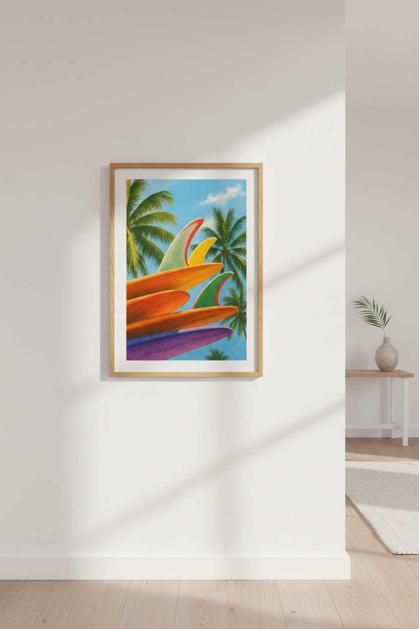 Retro Surfboard Wall Art Print | Coastal Beach House Decor | Vibrant Summer Aesthetic Framed Poster | Ready to Hang Surfing Art