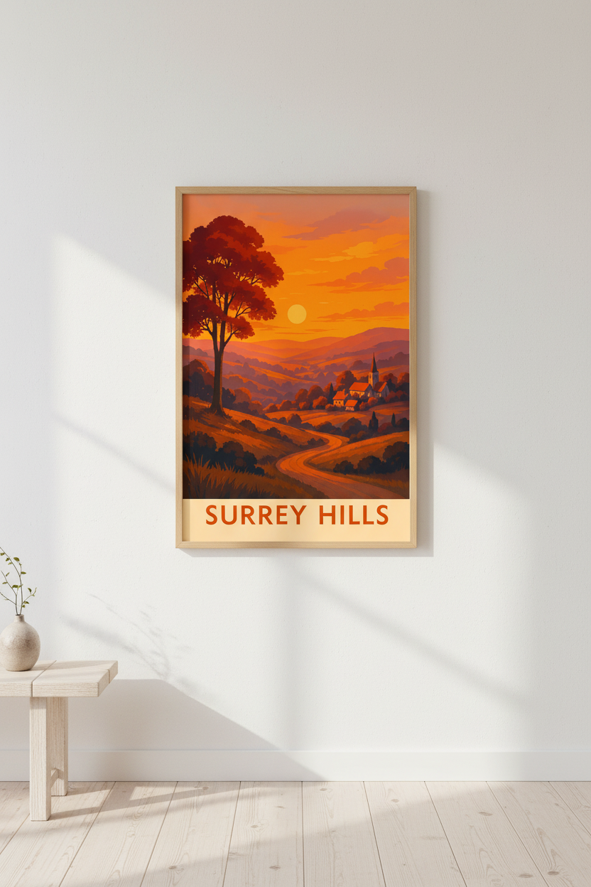 Vintage Travel Surrey Hills Framed Wall Art Print | Sunset Landscape Room Decor | Aesthetic British Countryside Poster