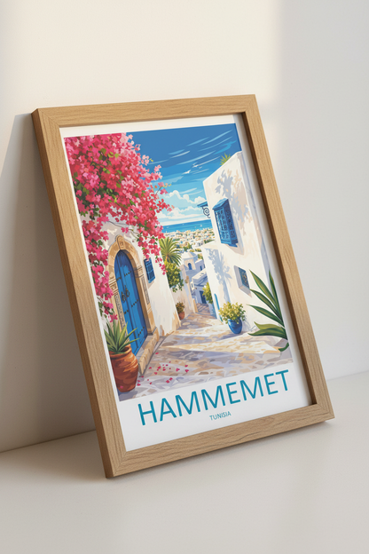 Hammemet Tunisia Travel Poster | Mediterranean Coastal Wall Art | Blue and White Decor