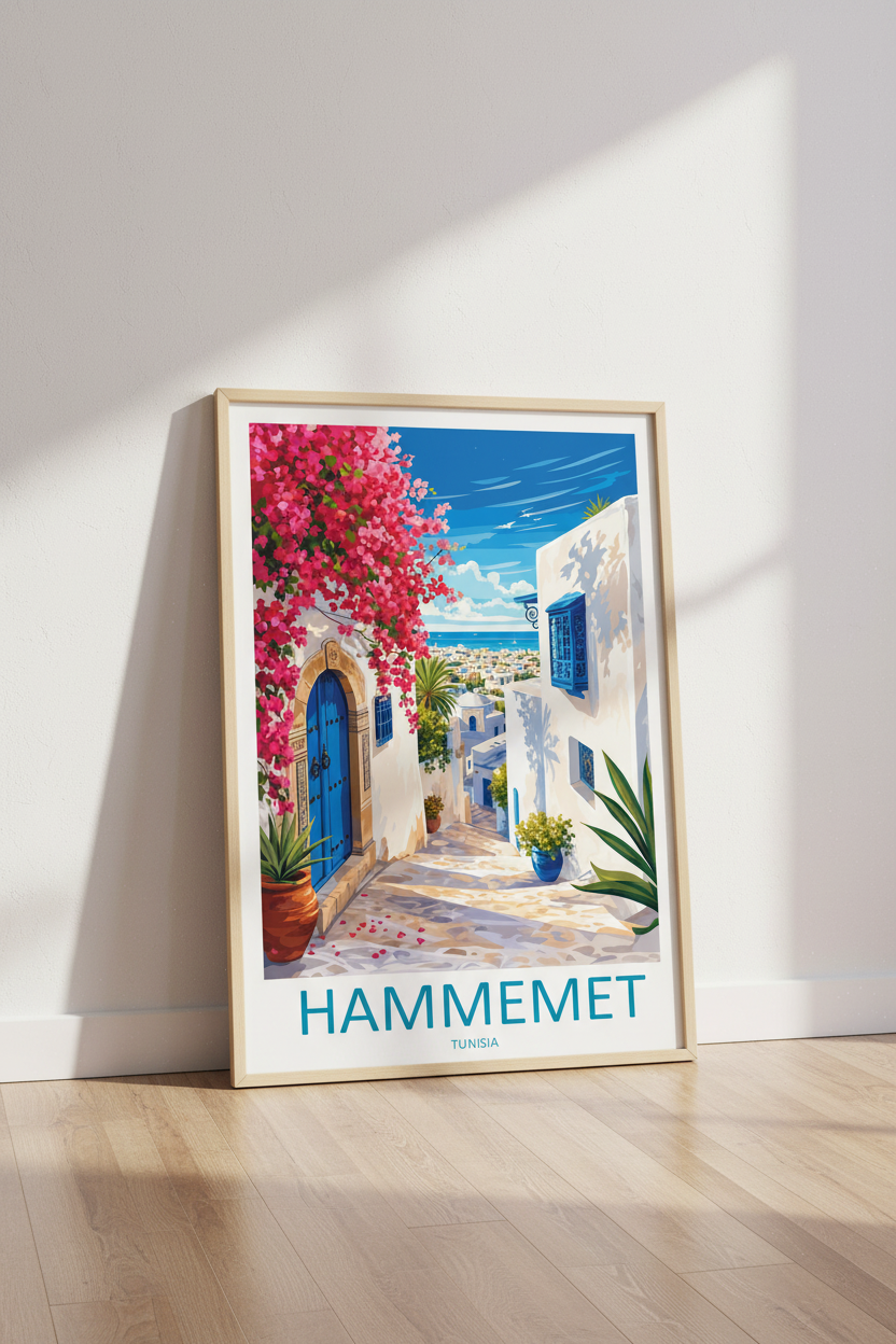 Hammemet Tunisia Travel Poster | Mediterranean Coastal Wall Art | Blue and White Decor